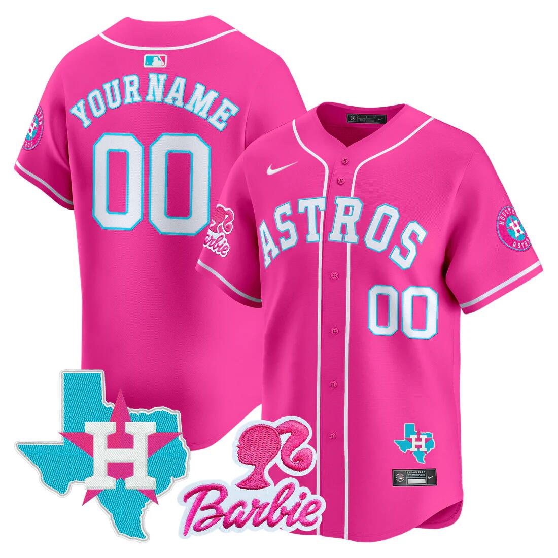 Men's Houston Astros ACTIVE PLAYER Custom Pink Barbie Patch Vapor Premier Limited Cool Base Stitched Baseball Jersey